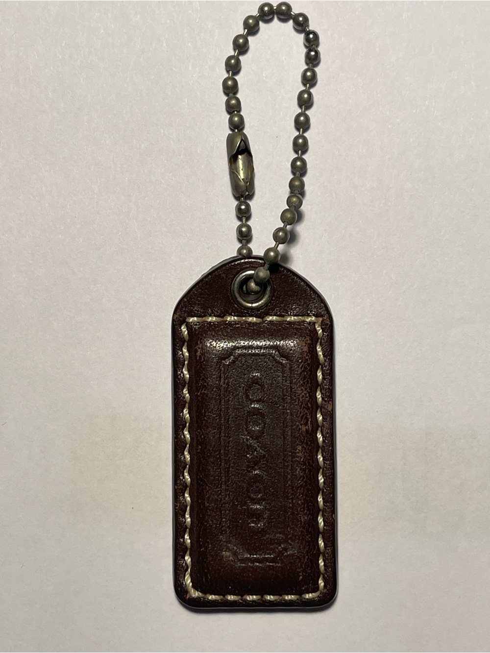 Coach Dark Brown Leather Hang Tag with Ball Chain and Contrast Stitching